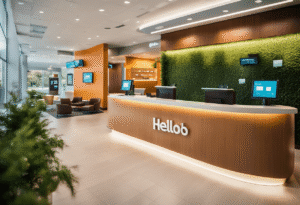 Logo dHello Bank sur fond dynamique et moderne