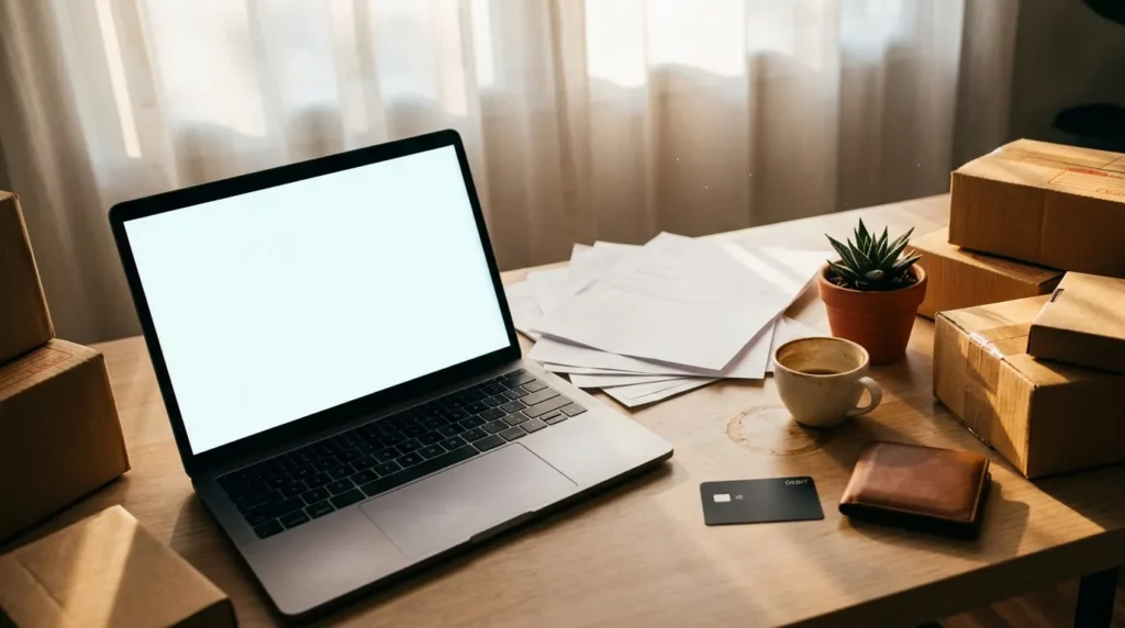 Laptop ouvert sur bureau avec café, plante et emballages