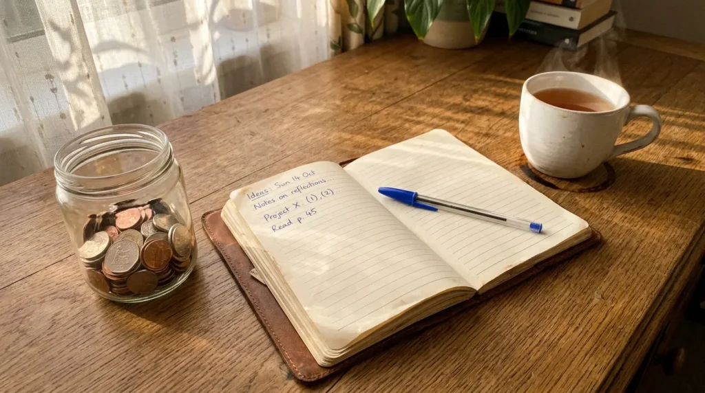 Bureau avec cahier, café, pièces de monnaie et plantes vertes