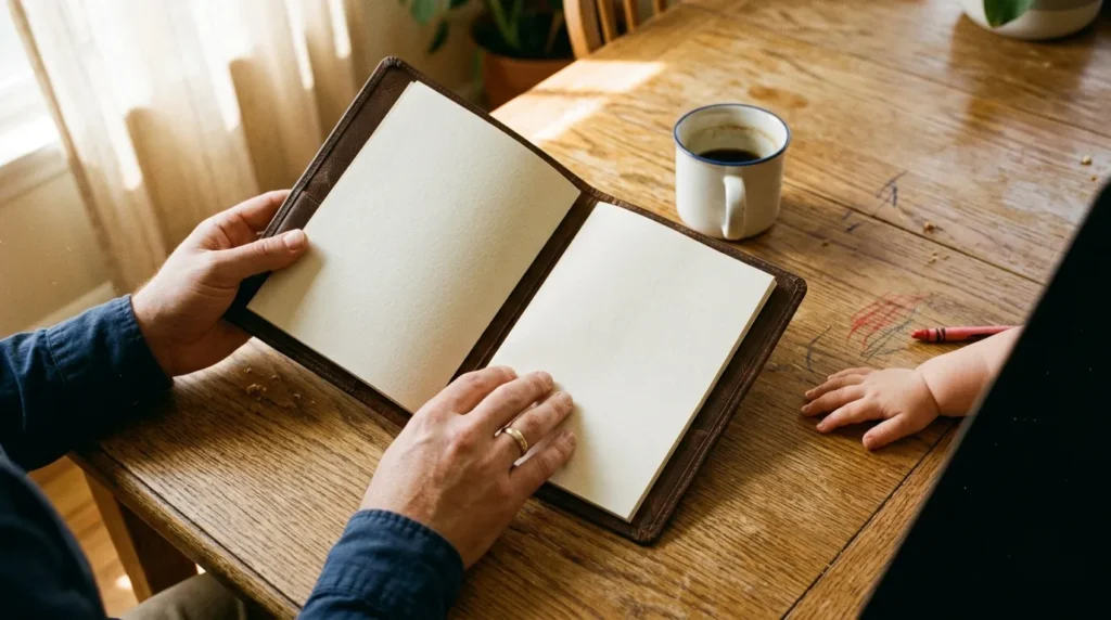 Adulte et enfant lisent un cahier ouvert à table