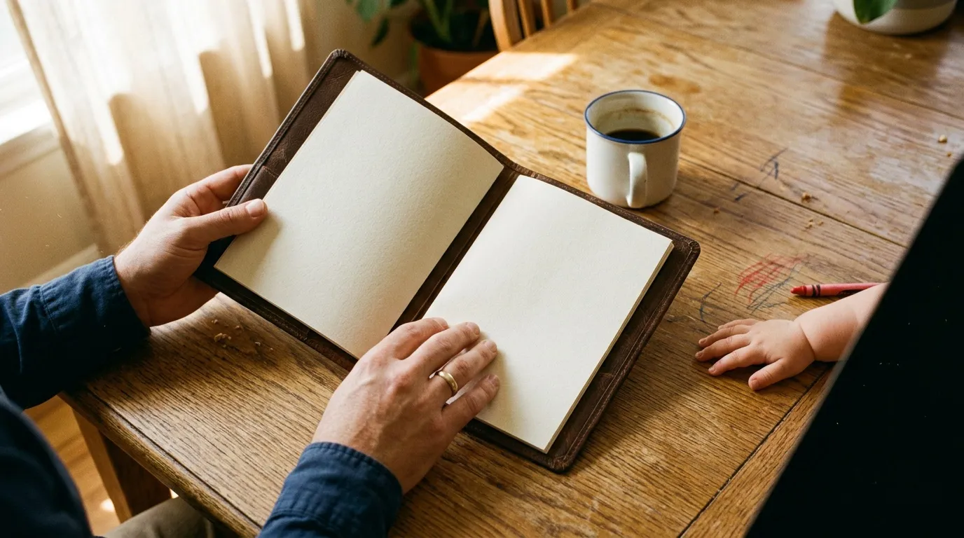 Adulte et enfant lisent un cahier ouvert à table