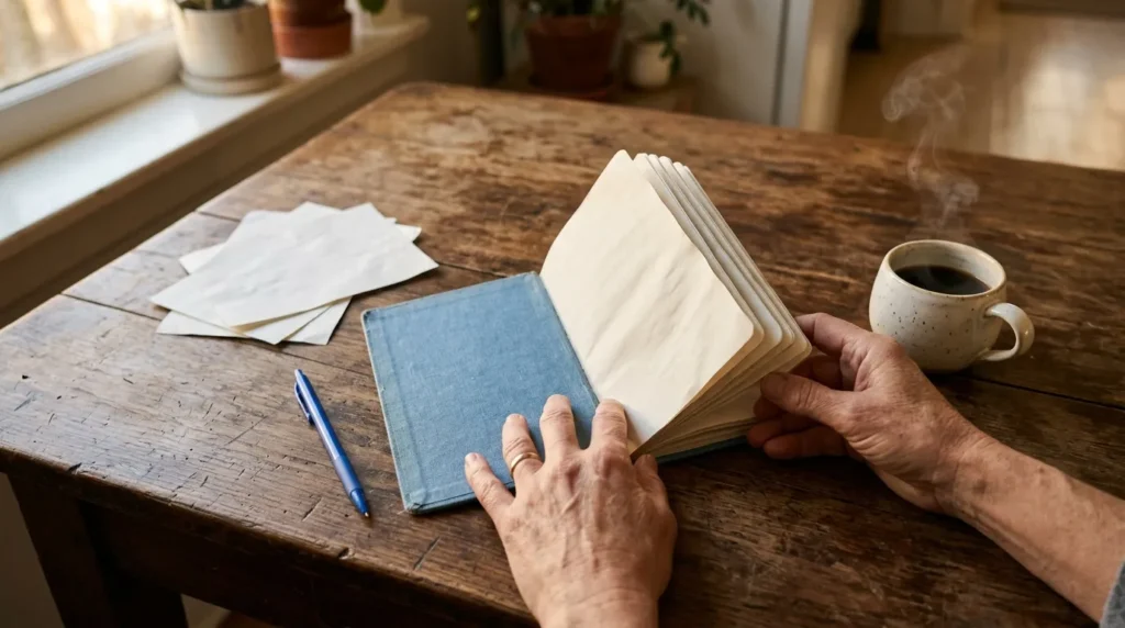 Personne feuilletant un carnet bleu avec café chaud à proximité