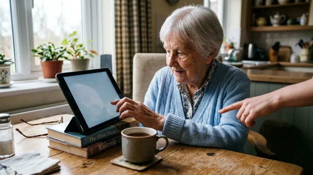 Femme âgée utilisant une tablette tactile à son domicile