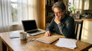 Femme réfléchie devant un ordinateur portable au bureau