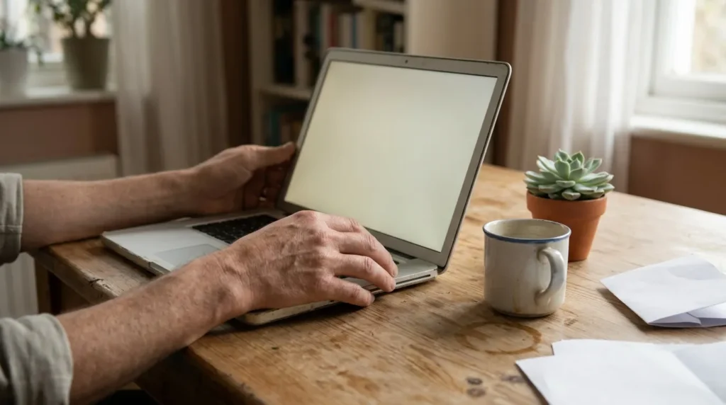 Mains d'une personne utilisant un laptop sur un bureau en bois
